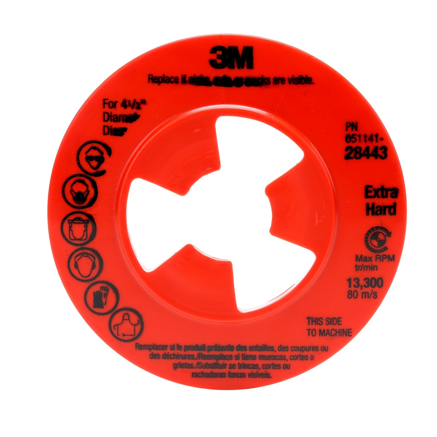 7000045279 - 3M Disc Pad Face Plate Ribbed 28443, 4-1/2 in Extra Hard Red, 10 ea/Case