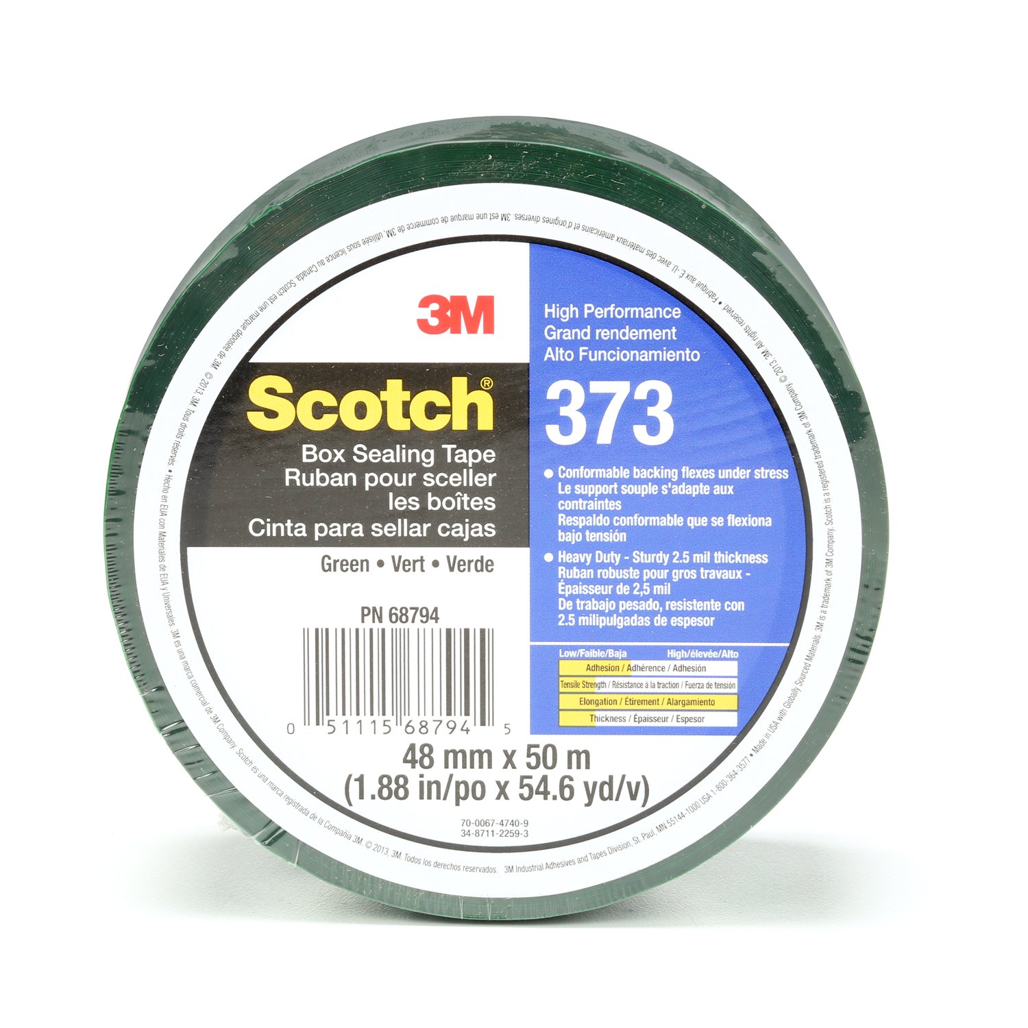 7010335127 - Scotch Box Sealing Tape 373, Green, 48 mm x 50 m, 36/Case, Individually Wrapped Conveniently Packaged
