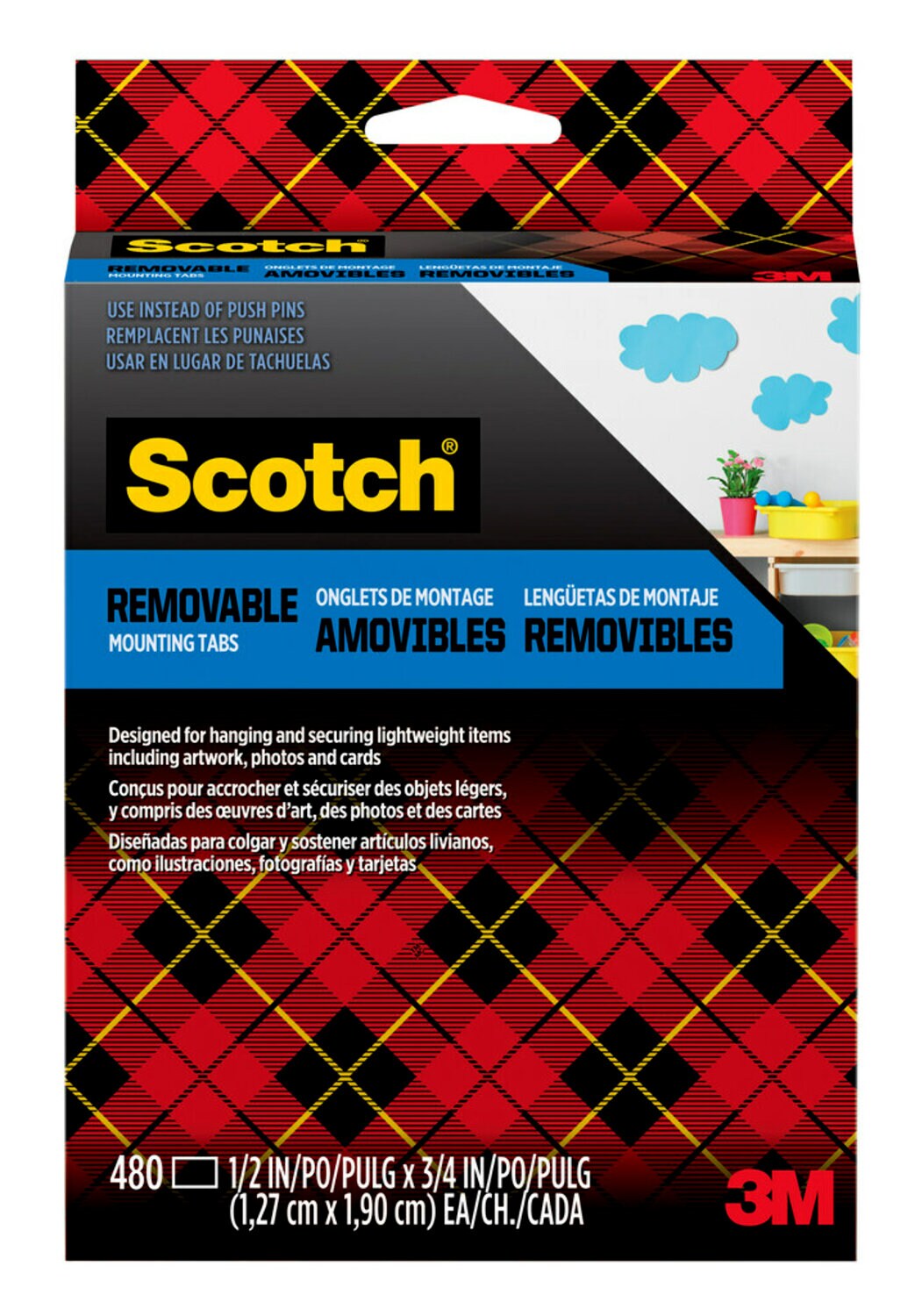 7100245530 - Scotch Removable Double-Sided Mounting Tabs 7225S-ESF, 1/2 in x 3/4 in (1.27 cm x 1.90 cm) 480/pk