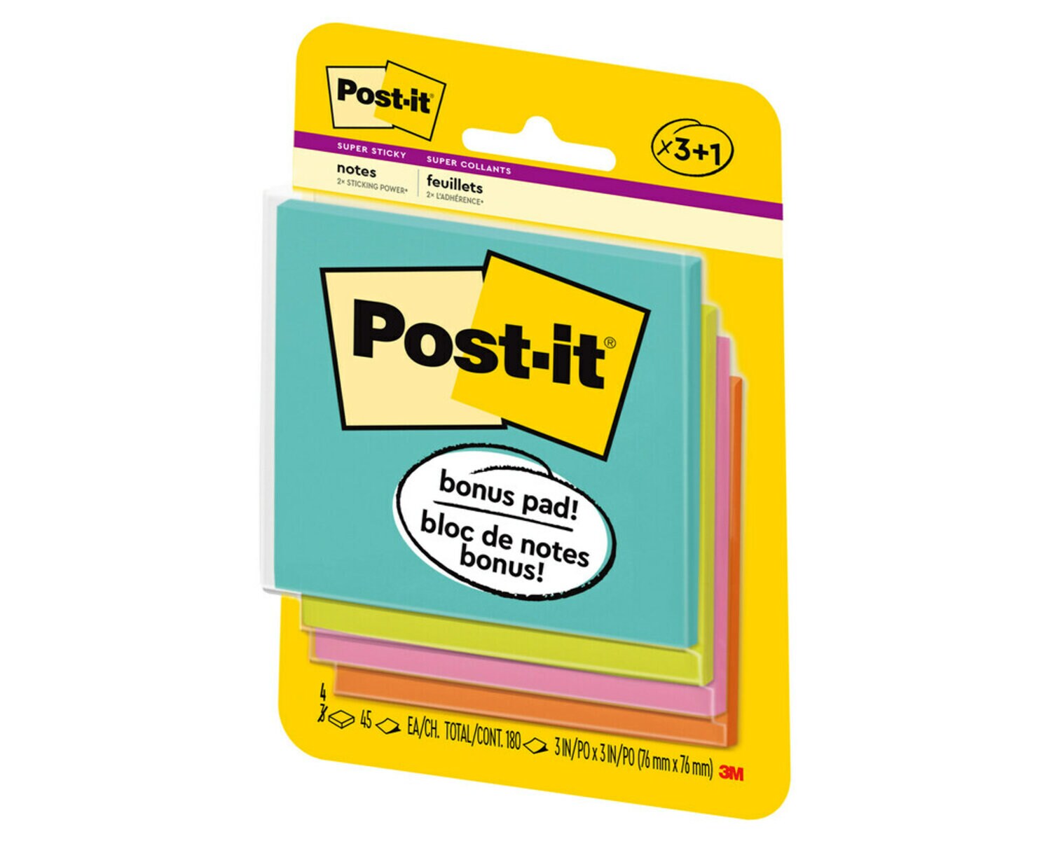 7100089127 - Post-it Super Sticky Notes 3321-SSMIA-B, 3 in x 3 in (76 mm x 76 mm), Supernova Neons Collection, 4 Pads/Pack, 45 Sheets/Pad