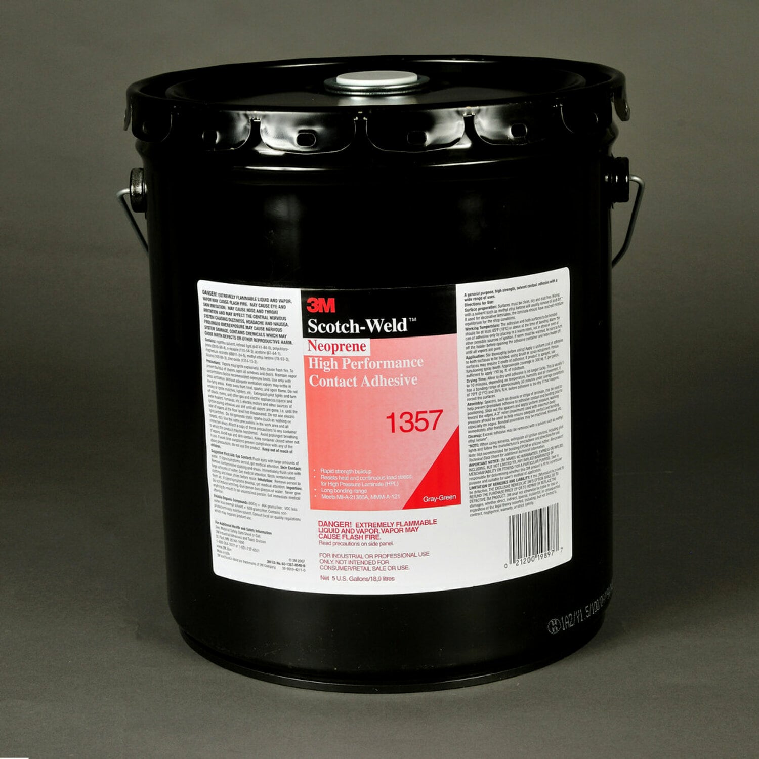 7000000804 - 3M Neoprene High Performance Contact Adhesive 1357, Gray-Green, 5 Gallon Pour Spout (Pail), 1 Can/Drum