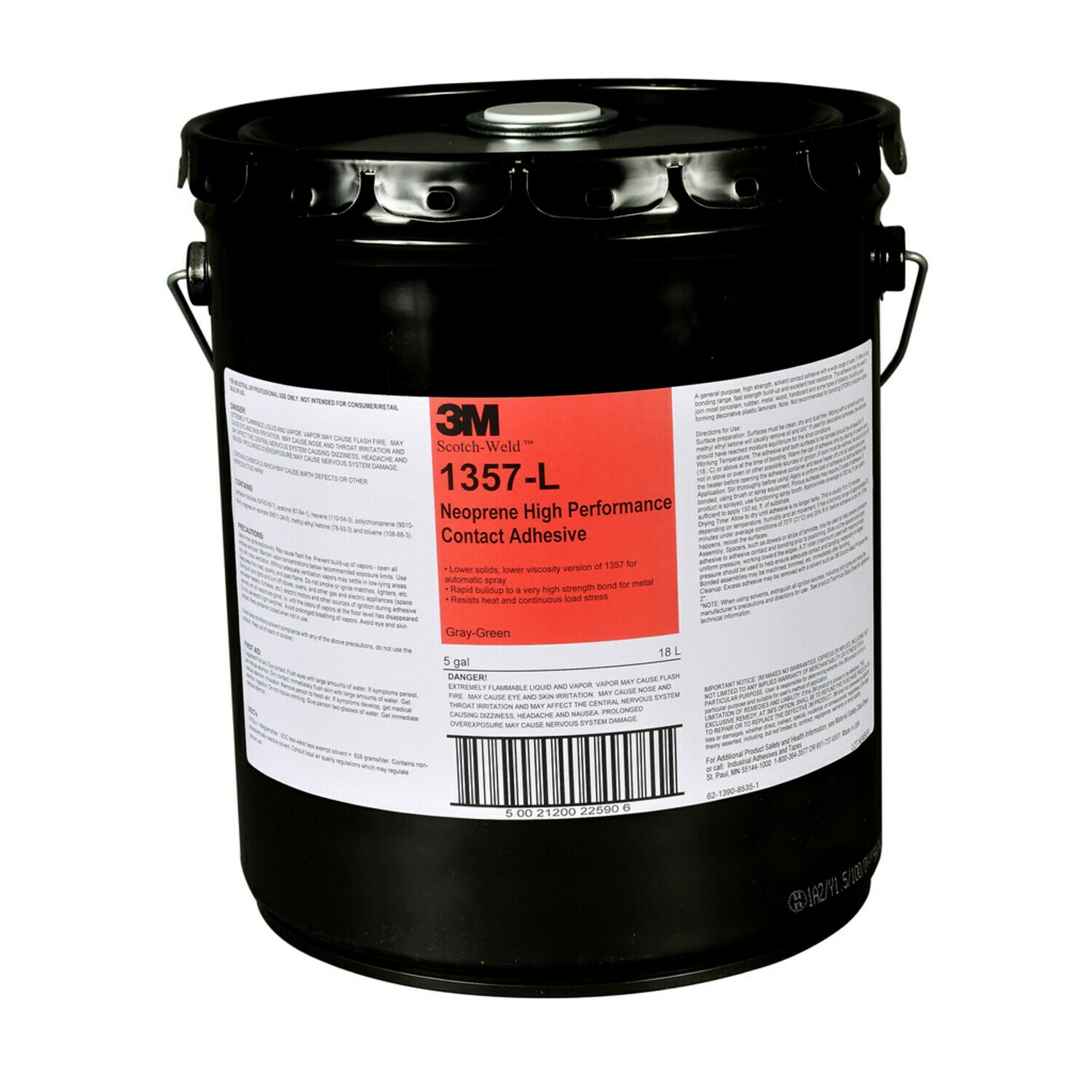 7000000805 - 3M Neoprene High Performance Contact Adhesive 1357L, Gray-Green, 5 Gallon (Pail), 1 Can/Drum