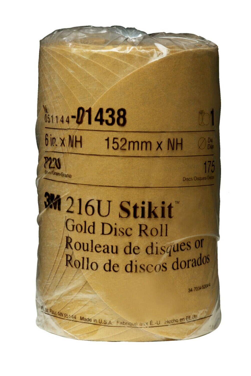 7000119707 - 3M Stikit Gold Disc Roll, 01438, 6 in, P220, 175 discs per roll, 6
rolls per case
