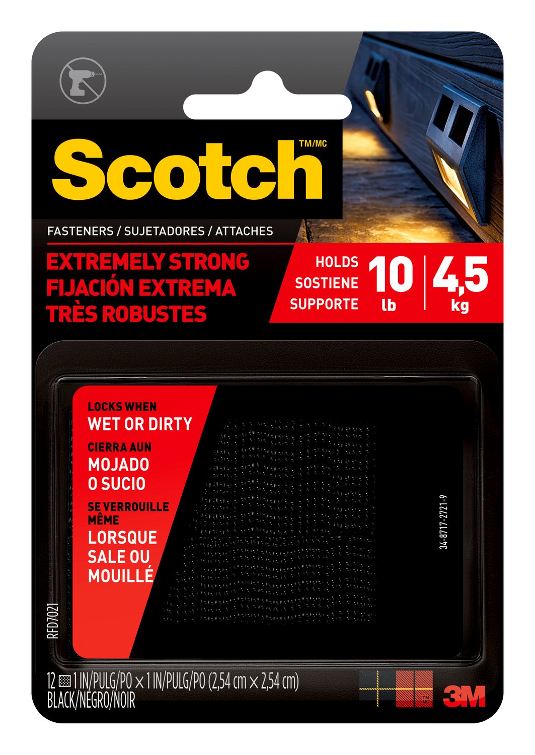 7100110904 - Scotch Extreme Fasteners RFD7021, Black, 1 in x 1 in (25.4 mm x 25.4 mm), 12 Squares (6sets)