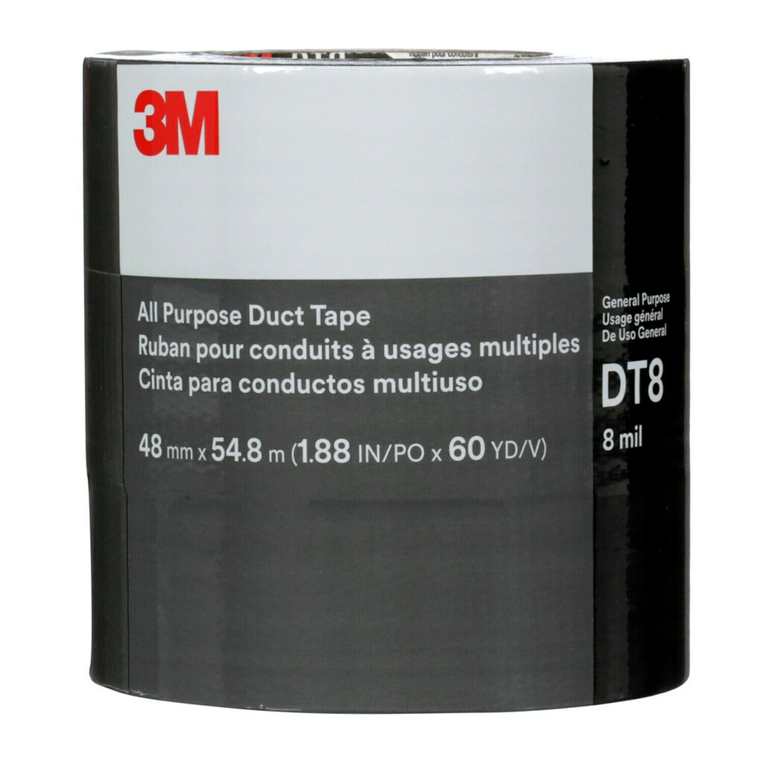 7100253423 - 3M All Purpose Duct Tape DT8, Silver, 48 mm x 54.8 m, 8 mil, (3 Roll/Pack) 24 Roll/Case