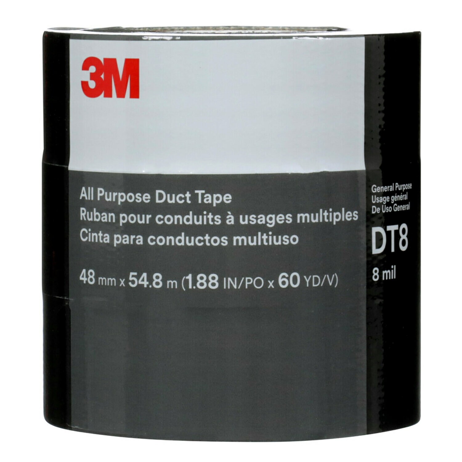 7100253082 - 3M All Purpose Duct Tape DT8, Black, 48 mm x 54.8 m, 8 mil, (3 Roll/Pack) 24 Roll/Case