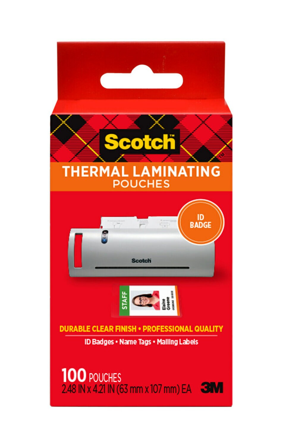 7010370023 - Scotch Thermal Pouches TP5852-100, 2.4 in x 4.2 in (63 mm x 107 mm) ID badge without clip