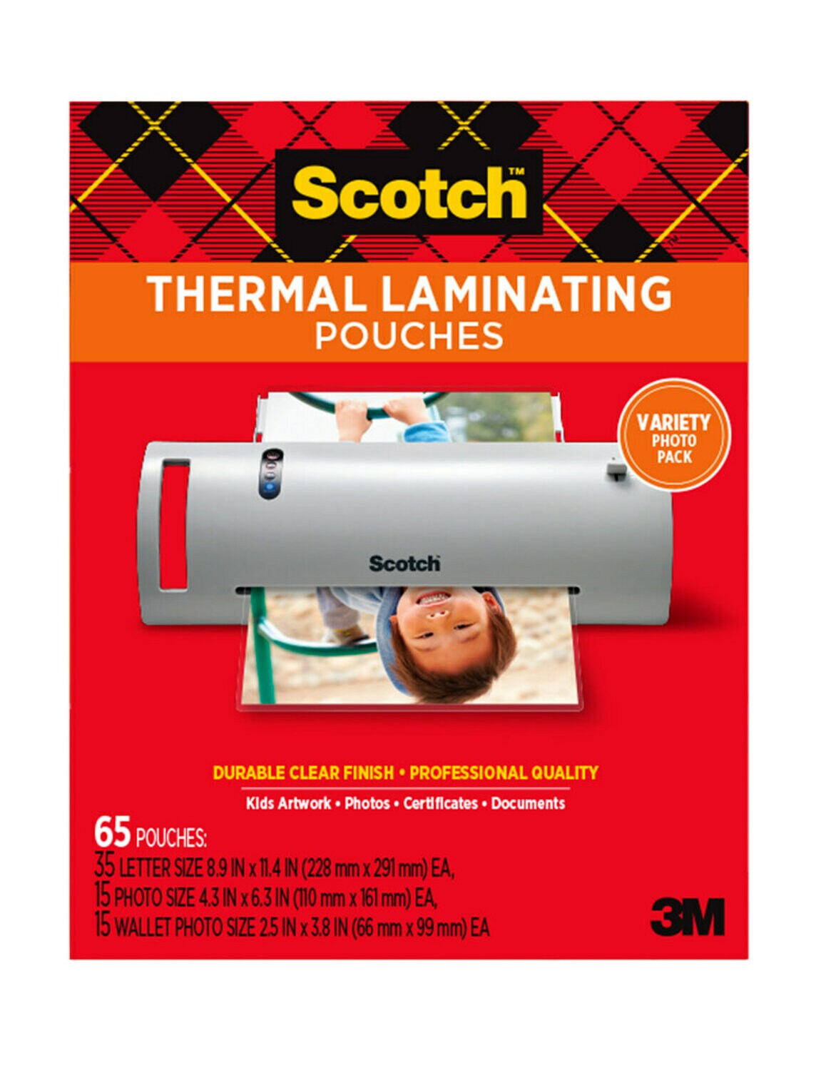 7010372374 - Scotch Thermal Pouches TP-8000-VP, Variety Pack of letter size, 4"x6" size, and wallet size pouches