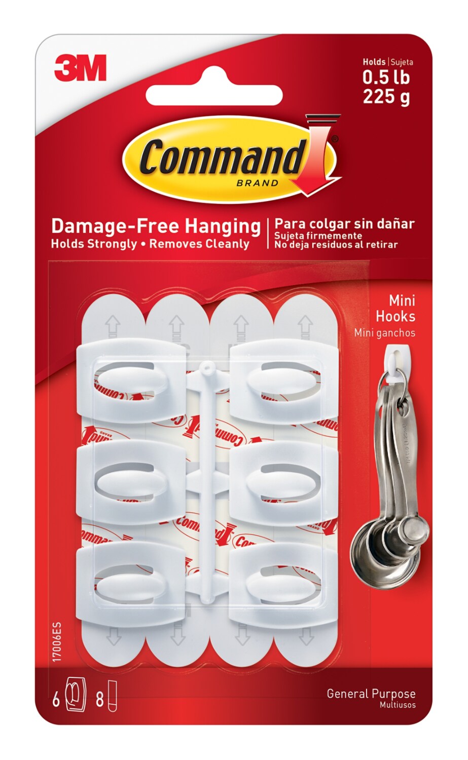 7100402107 - Command Mini White Hooks with White Strips 17006ES-D, 6 Hooks, 8 Strips/Pack