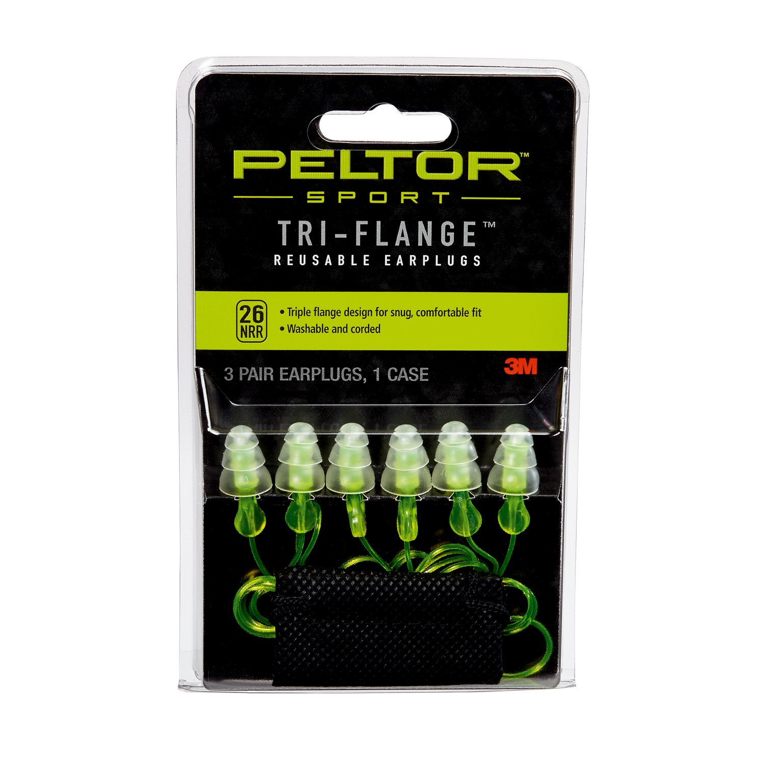 7100173331 - Peltor Sport Tri-Flange Corded Reusable Earplugs 97317-10DC, 3 Pair
Pack Neon Yellow