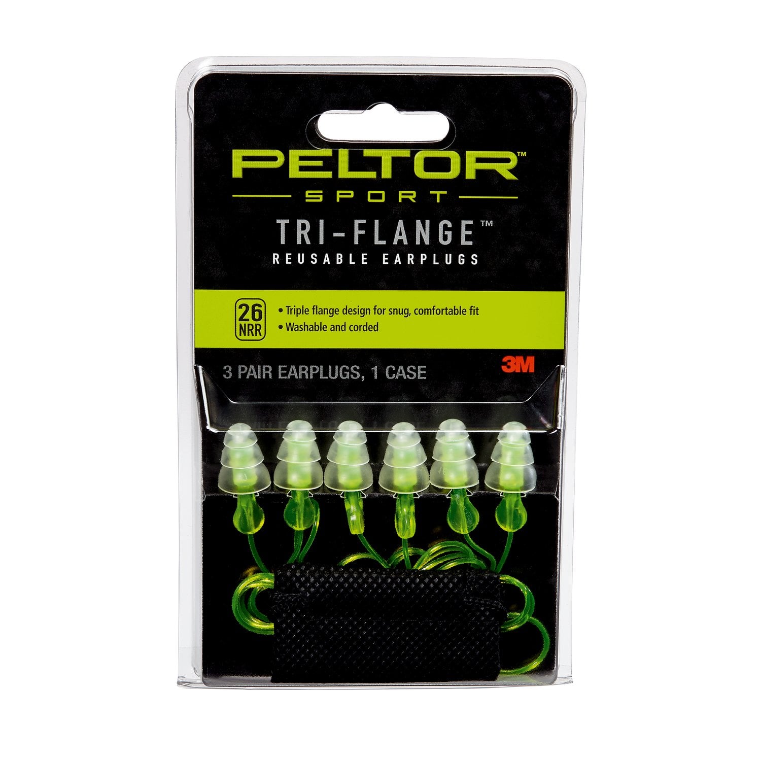 7100173331 - Peltor Sport Tri-Flange Corded Reusable Earplugs 97317-10DC, 3 Pair Pack Neon Yellow