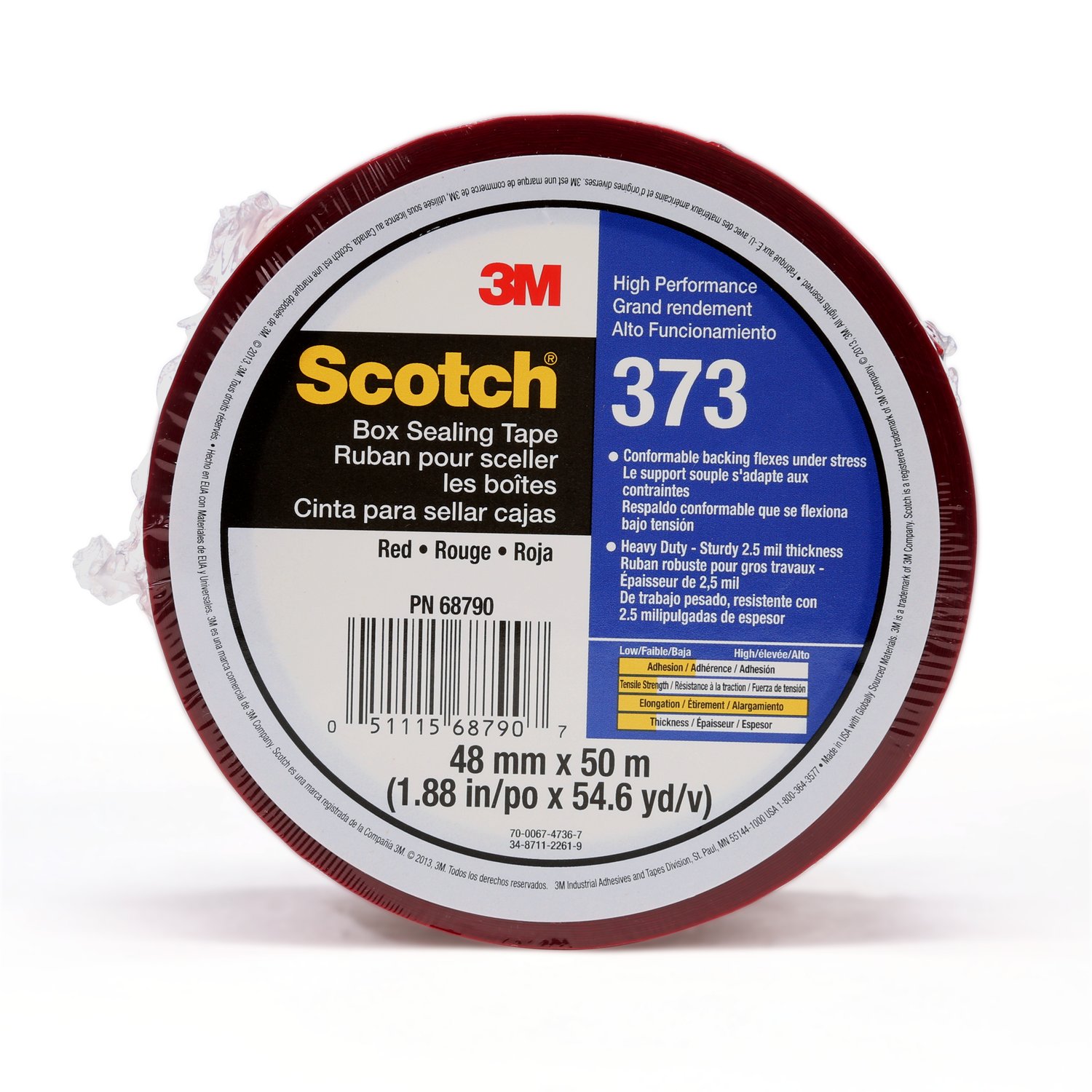 7010335126 - Scotch Box Sealing Tape 373, Red, 48 mm x 50 m, 36/Case, Individually Wrapped Conveniently Packaged