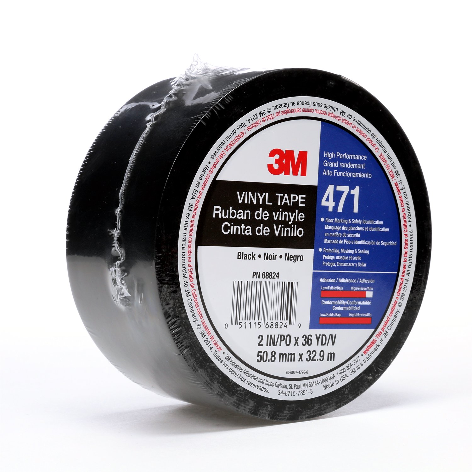 7100044330 - 3M Vinyl Tape 471, Black, 2 in x 36 yd, 5.2 mil, 5.2 mil, 24 rolls per
case, Individually Wrapped Conveniently Packaged