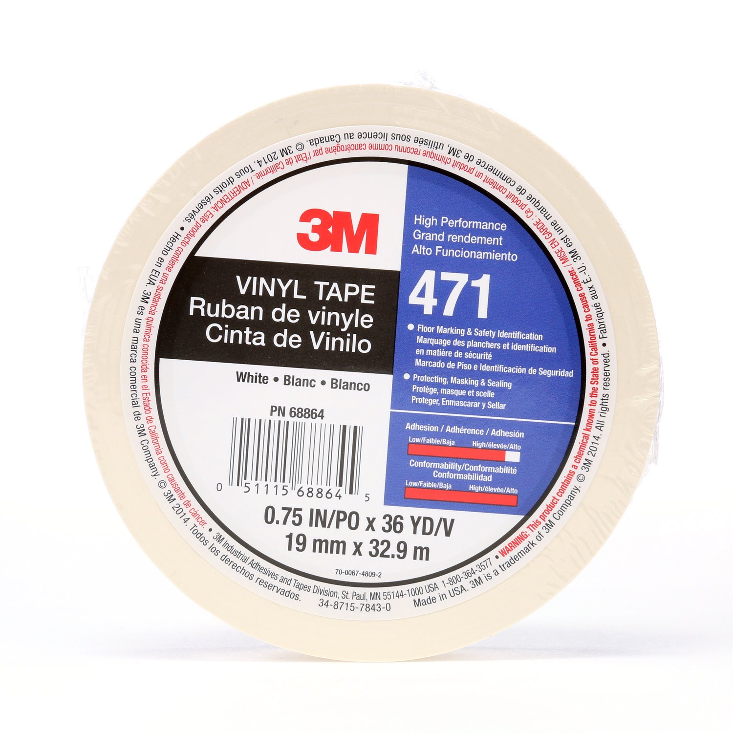7100044643 - 3M Vinyl Tape 471, White, 3/4 in x 36 yd, 5.2 mil, 48 Roll/Case, Individually Wrapped Conveniently Packaged