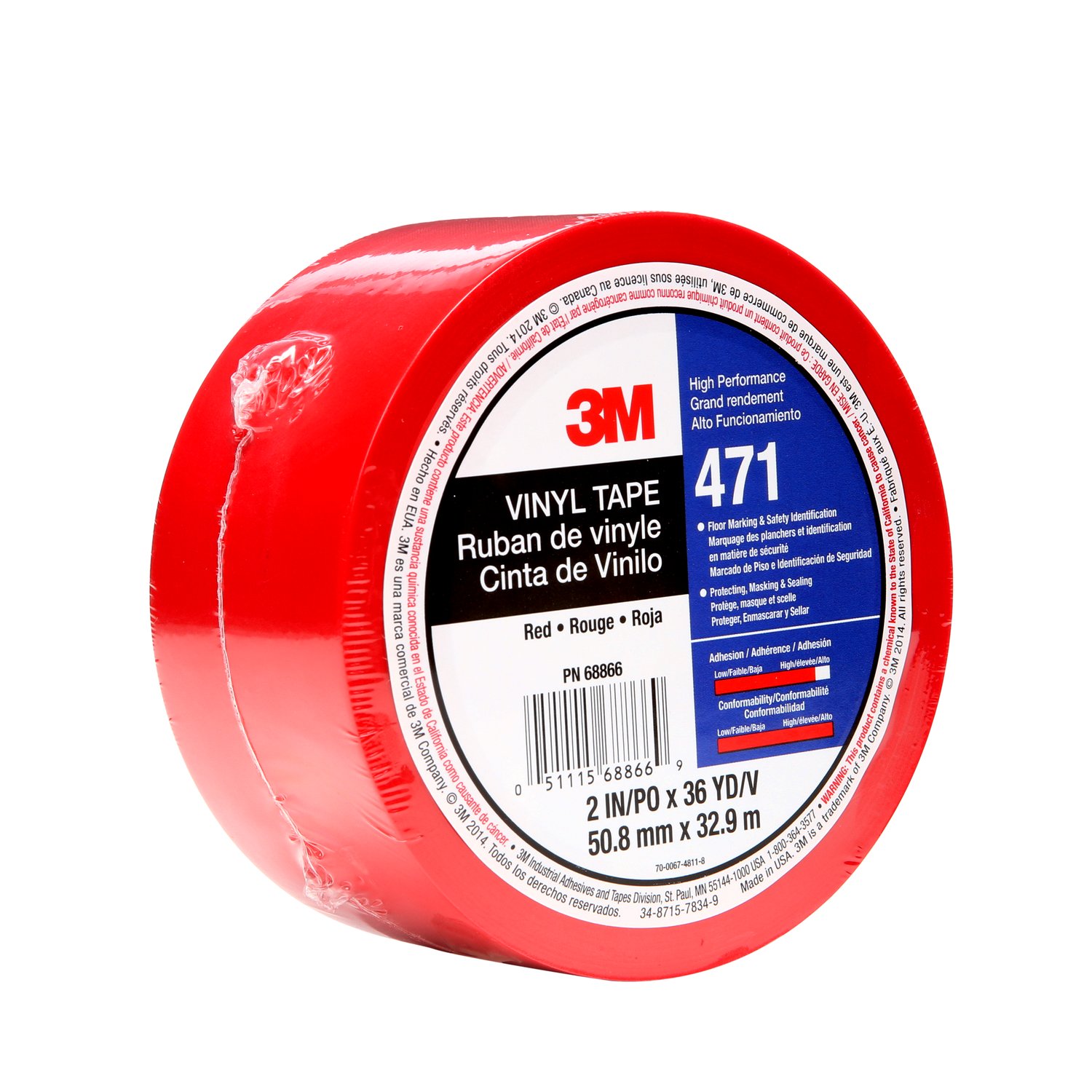 7100044655 - 3M Vinyl Tape 471, Red, 2 in x 36 yd, 5.2 mil, 24 Roll/Case, Individually Wrapped Conveniently Packaged