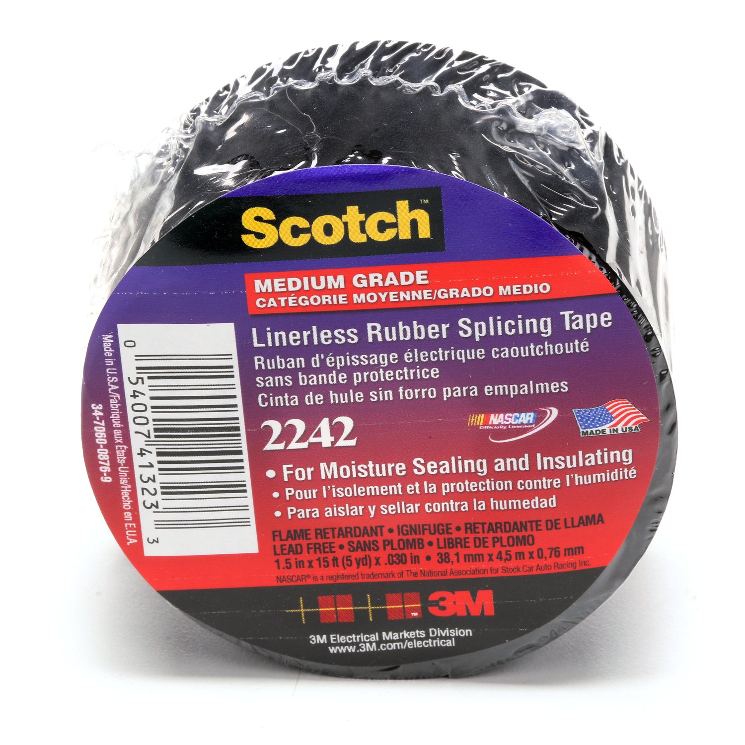 7000132741 - 3M Linerless Electrical Rubber Tape 2242, 1-1/2 in x 15 ft, 1 in core, Black, 1 roll/carton, 12 rolls/case