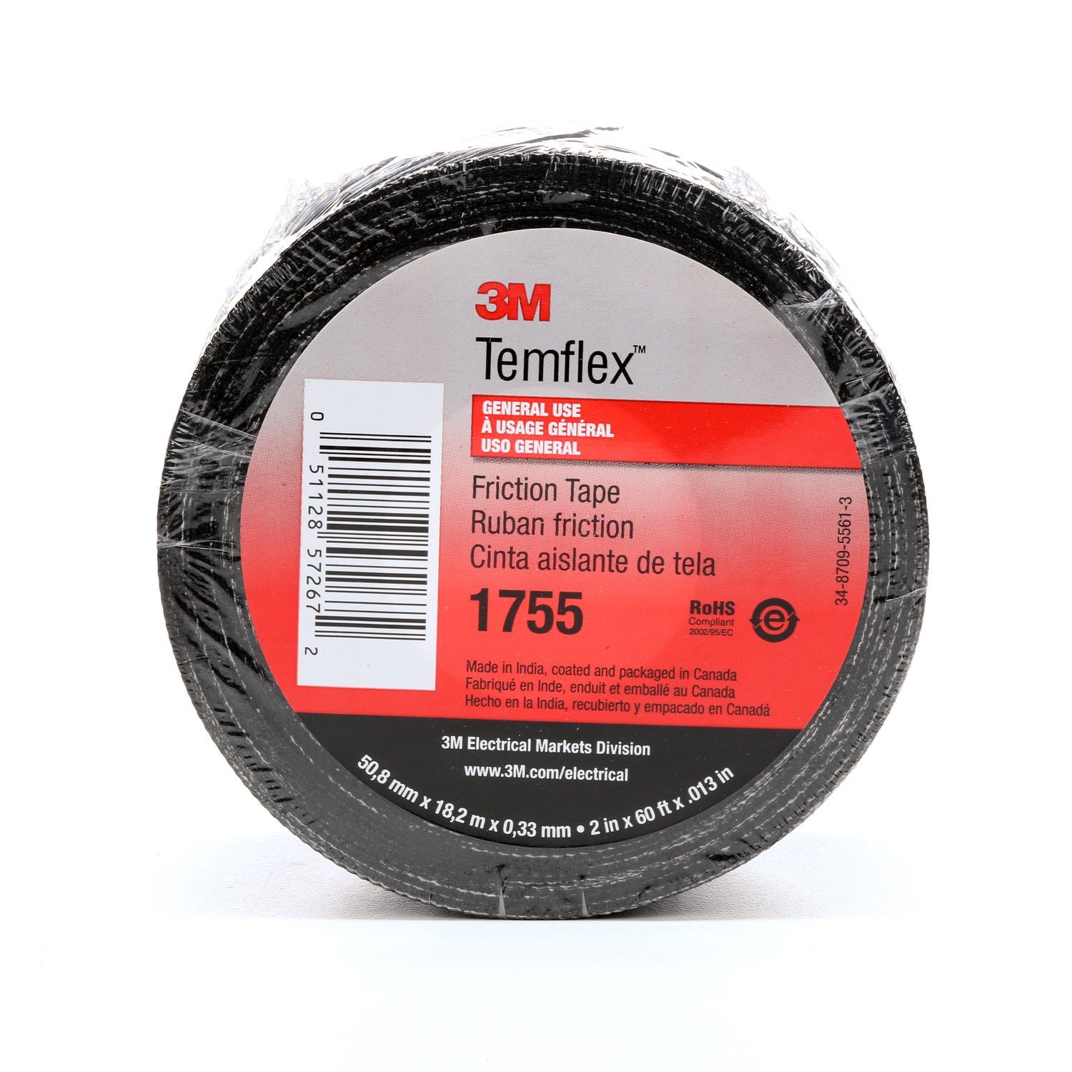 7100016886 - 3M Temflex Cotton Friction Tape 1755, 2 in x 60 ft, Black, 30
rolls/Case