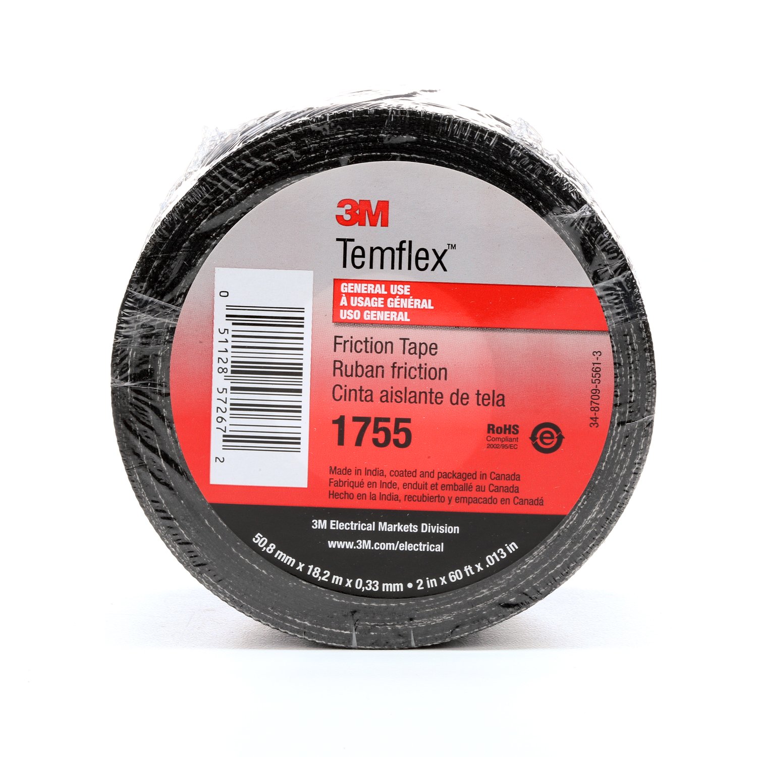 7100016886 - 3M Temflex Cotton Friction Tape 1755, 2 in x 60 ft, Black, 30 rolls/Case