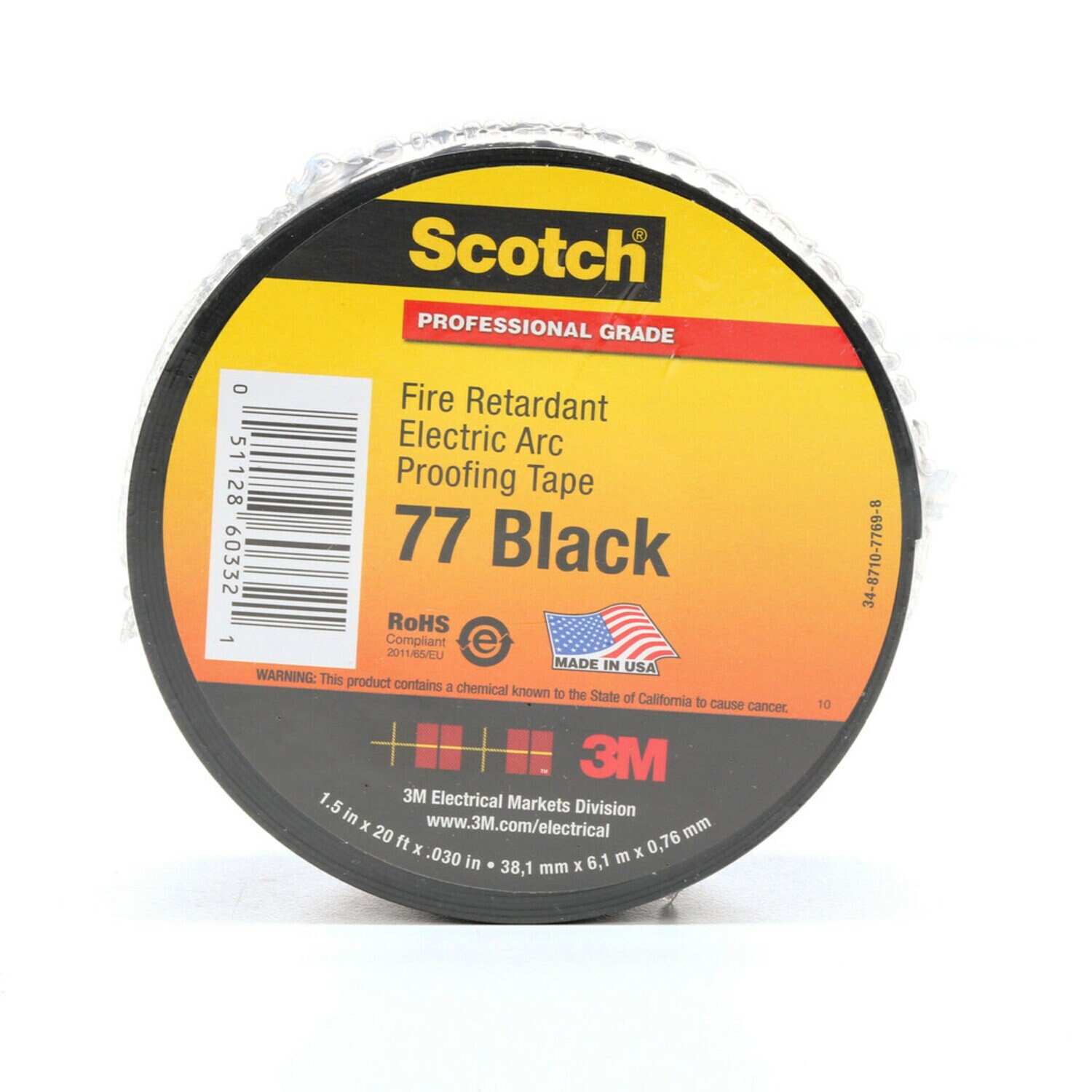 7100004537 - Scotch Fire-Retardant Electric Arc Proofing Tape 77, 1-1/2 in x 20 ft, Black, 1 roll/carton, 10 rolls/Case