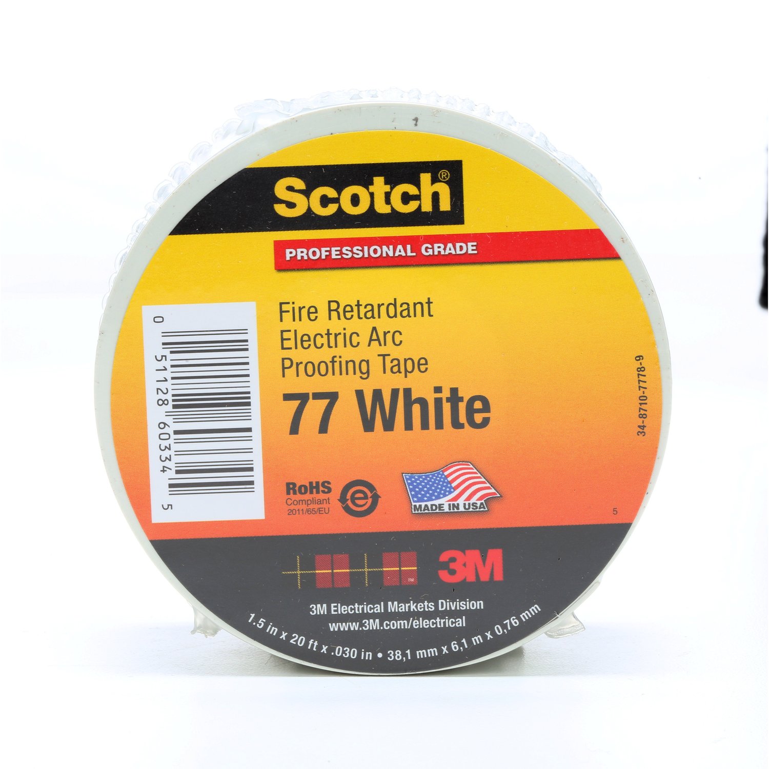 7100080070 - Scotch Fire-Retardant Electric Arc Proofing Tape 77W, 1-1/2 in x 20 ft,
White/Gray, 1 roll/carton, 10 rolls/Case
