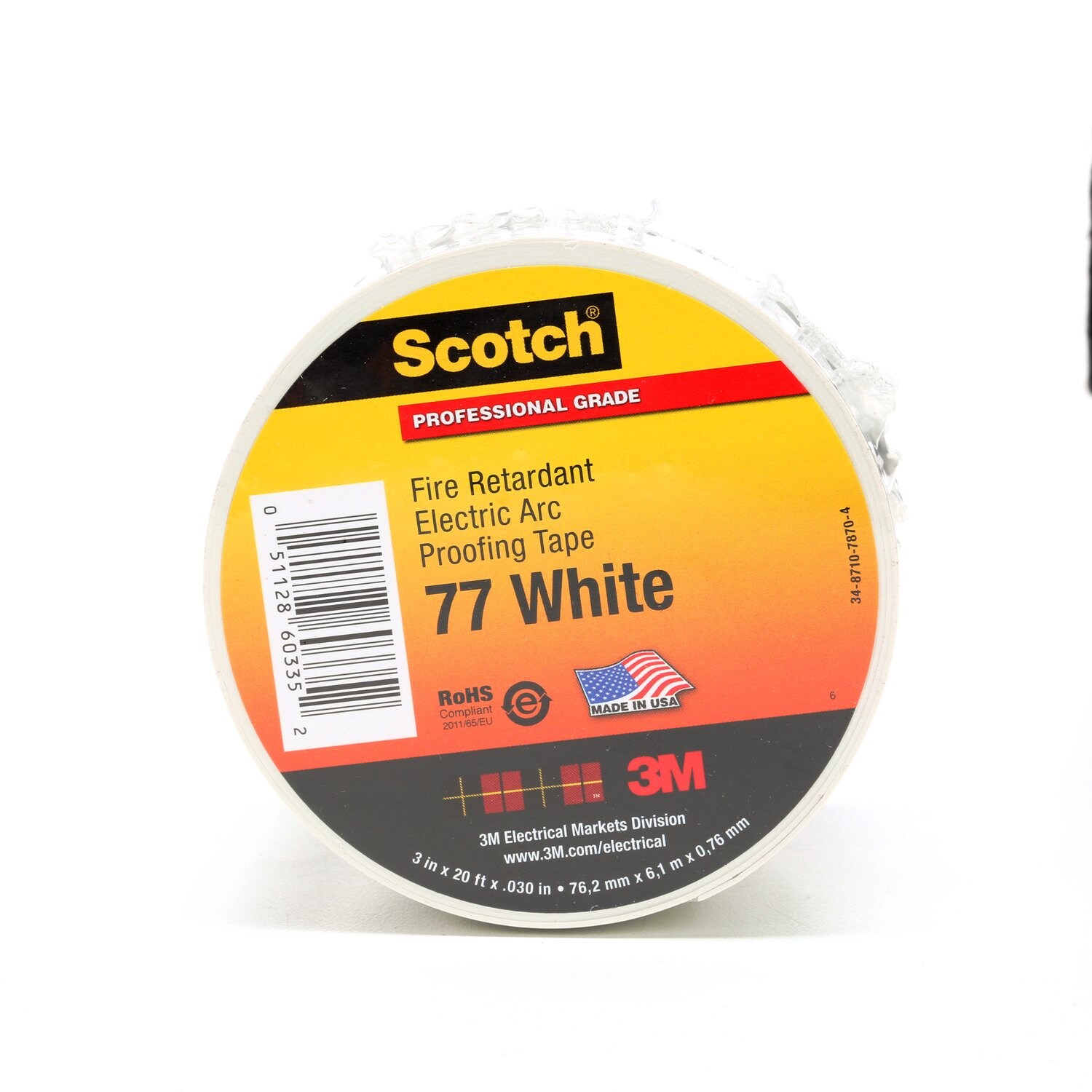 7010399034 - Scotch Fire-Retardant Electric Arc Proofing Tape 77W, 3 in x 20 ft, White/Gray, 1 roll/carton, 10 rolls/Case