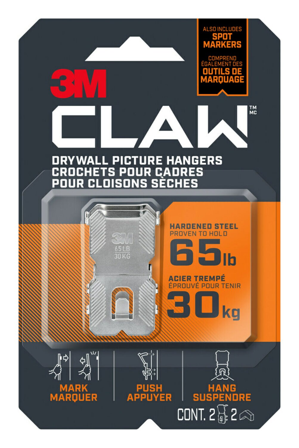 7100248596 - 3M CLAW 65lb Drywall Picture Hangers with Spot Markers 3PH65M-2EF