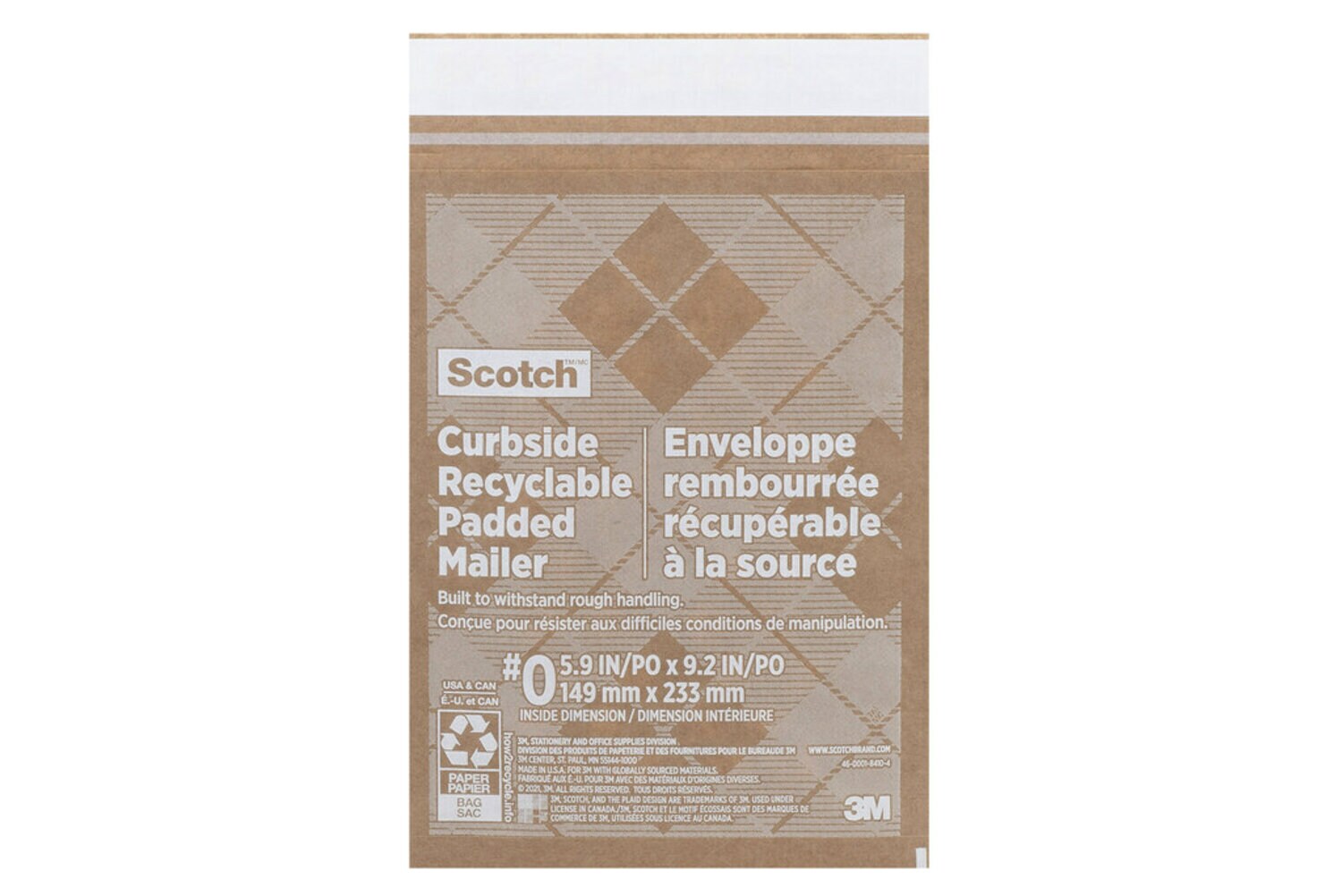 7100258035 - Scotch Curbside Recyclable Padded Mailer CR-0-1, 5.5 in x 9 in (139 mm x 228 mm), Size 0