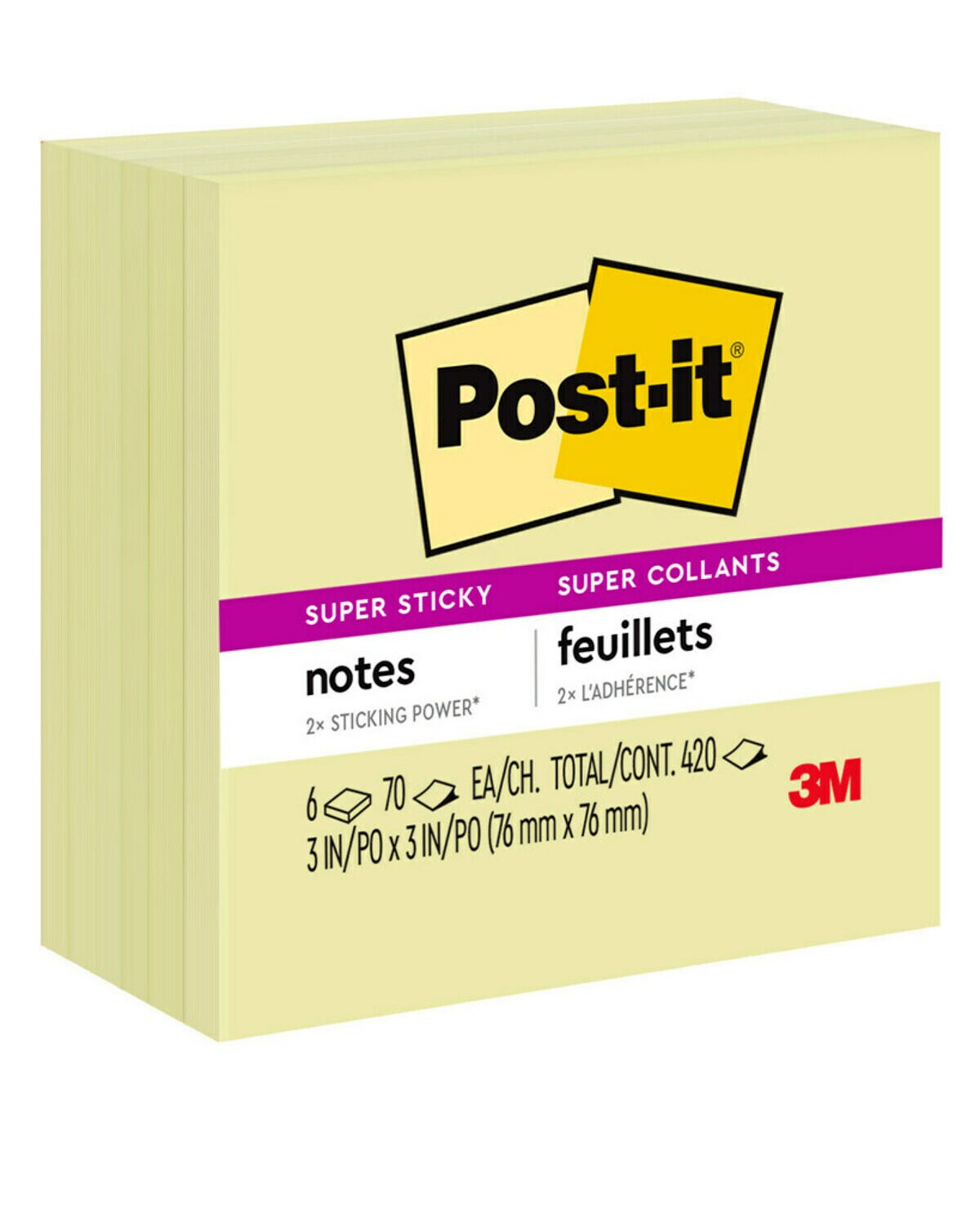 7100242069 - Post-it Super Sticky Notes 654-6SSCY, 3 in x 3 in (76 mm x 76 mm), 100% PEFC, SGSCH-PEFC-COC-110078