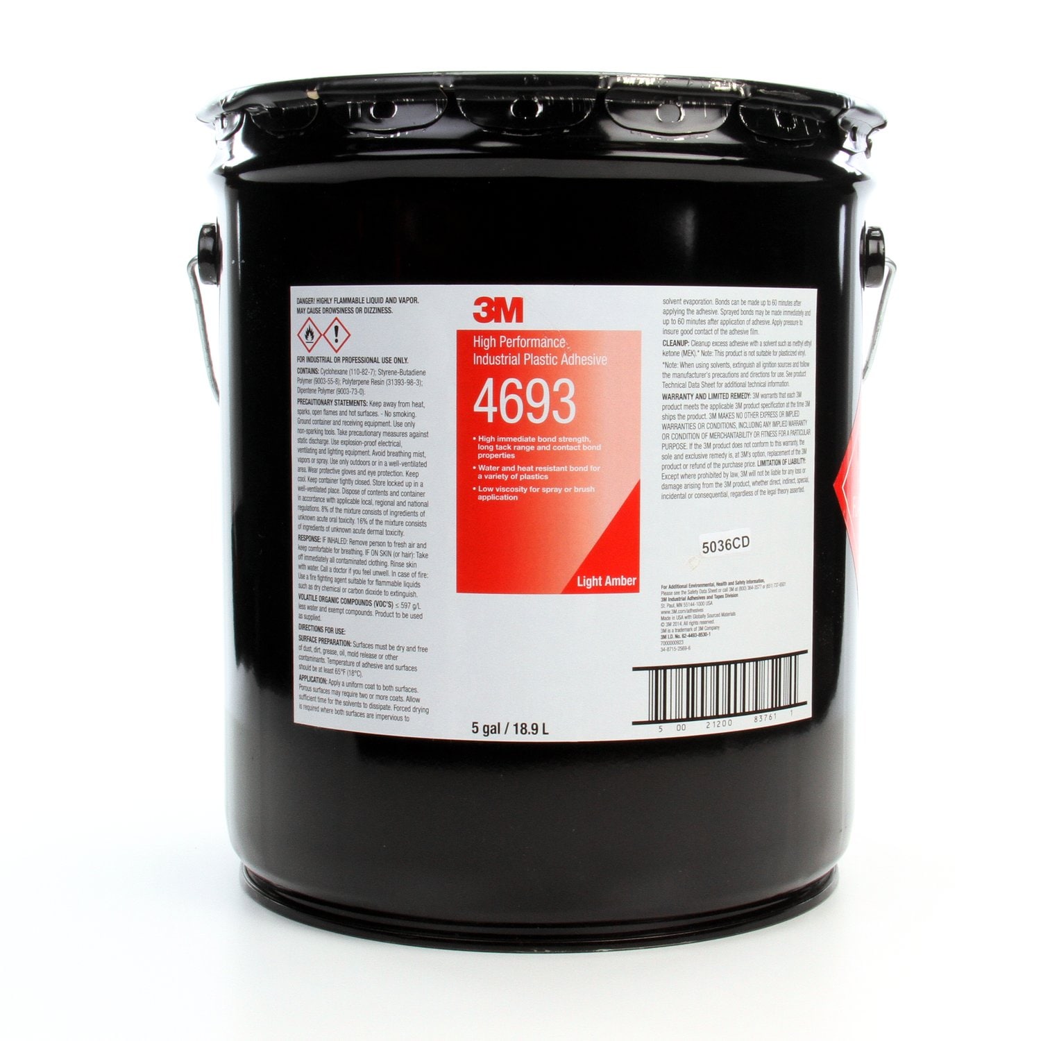 7000000923 - 3M High Performance Industrial Plastic Adhesive 4693, Light Amber, 5
Gallon Drum (Pail)