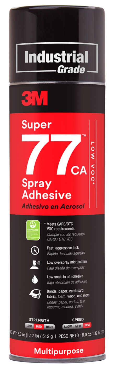 7010329910 - 3M Super 77 CA Multipurpose Spray Adhesive, Low VOC <25%, Clear, 24 fl oz (Net Wt 18.0 oz), 1 Can/Case, Sample