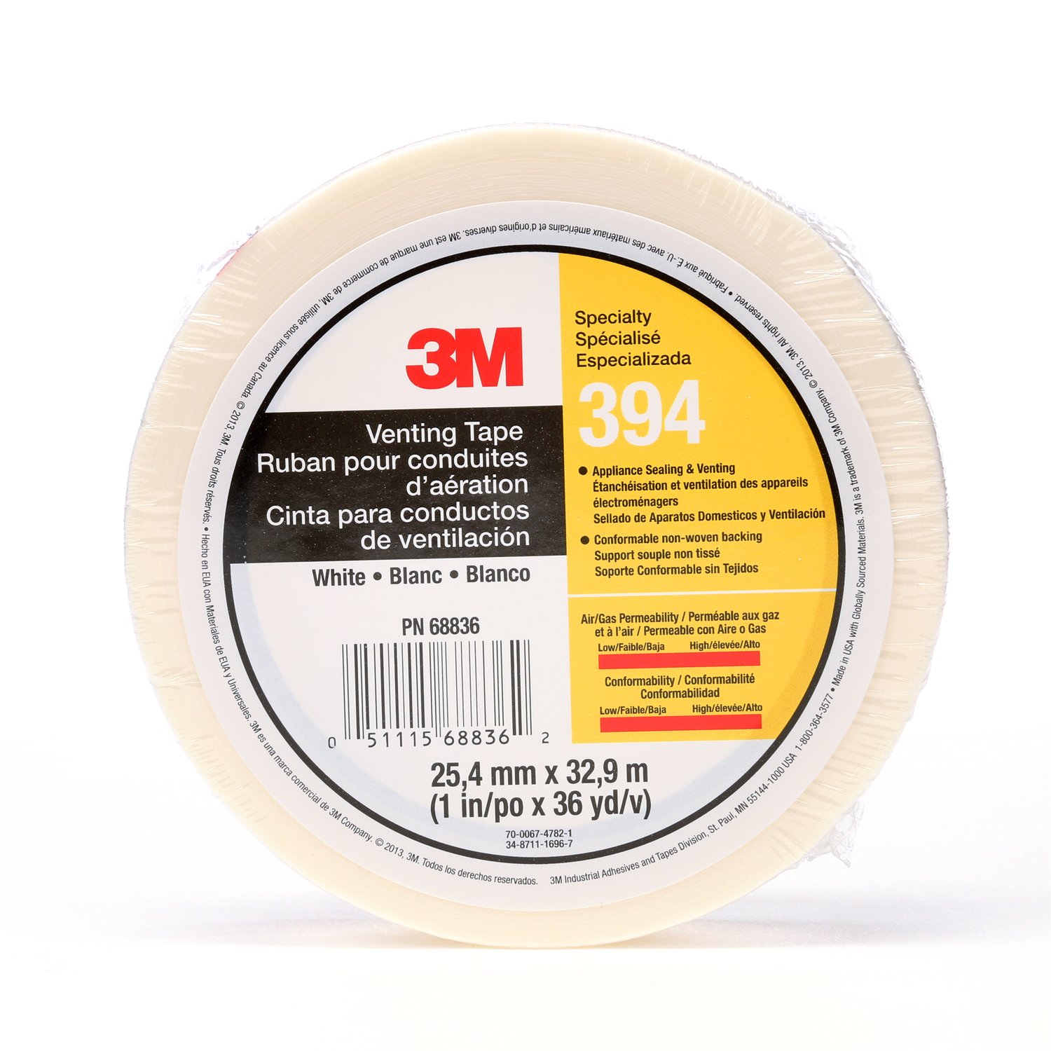 7010335135 - 3M Vent Tape 394, White, 1 in x 36 yd, 4 mil, 36 Roll/Case, Individually Wrapped Conveniently Packaged