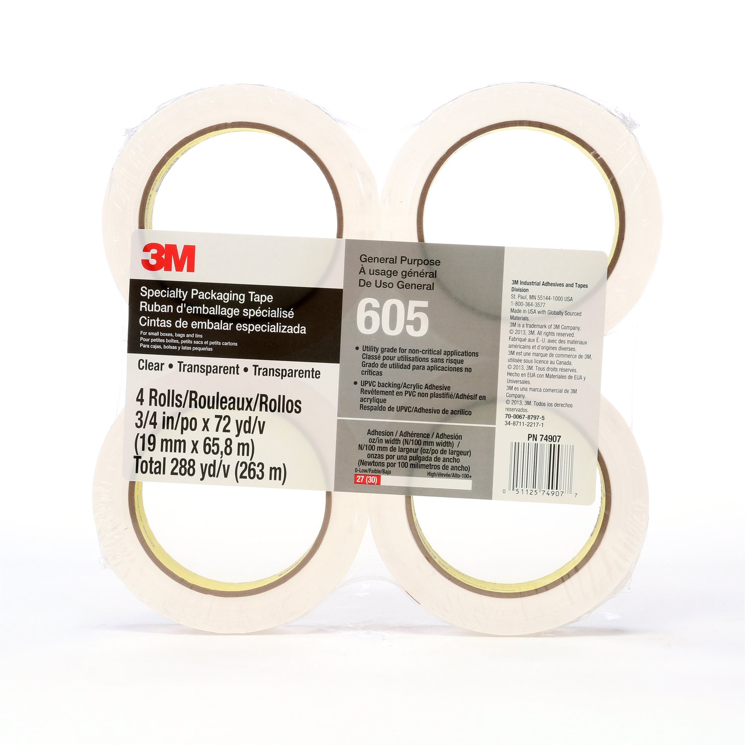 7010312543 - Scotch Light Duty Packaging Tape 605, Clear, Cold Temperature, 3/4 in x 72 yd, 12 Pack/Case, Conveniently Packaged