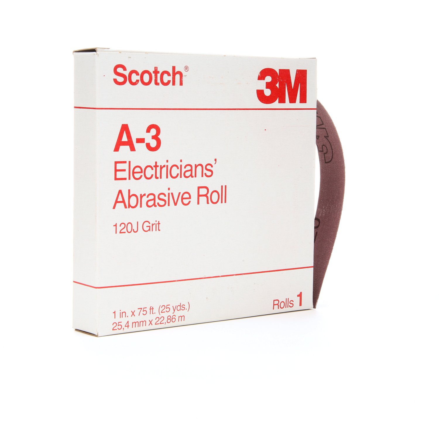 7000044879 - Scotch Electrician's Abrasive Roll A-3, 1 in x 25 yd, 120 J-weight, 10 ea/Case