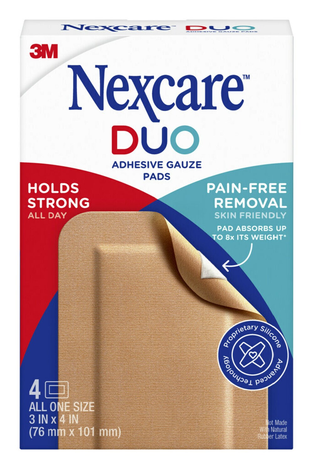 7100268581 - Nexcare Duo Adhesive Gauze Pads DSA34-4, 3 in x 4 in (76 mm x 101 mm), 4/pk