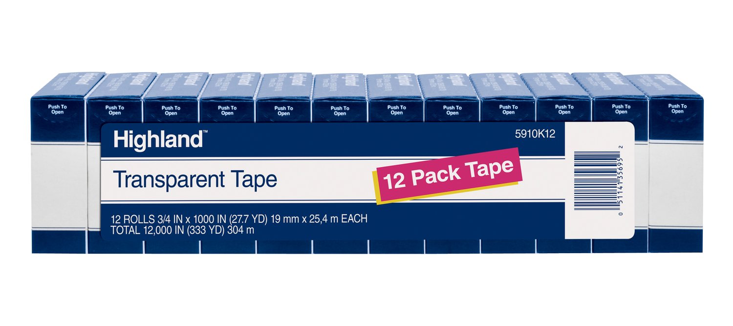 7100090884 - Highland Transparent Tape 5910K12, 3/4 in x 1000 in (19 mm x 25,4 m), 12 Pack