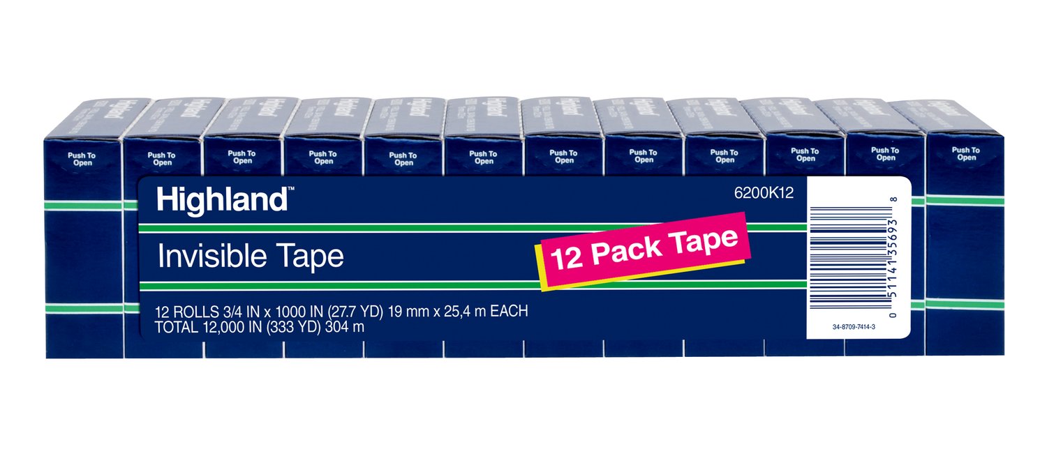 7100090888 - Highland Invisible Tape 6200K12, 3/4 in x 1000 in (19 mm x 25,4 m), 12 Pack