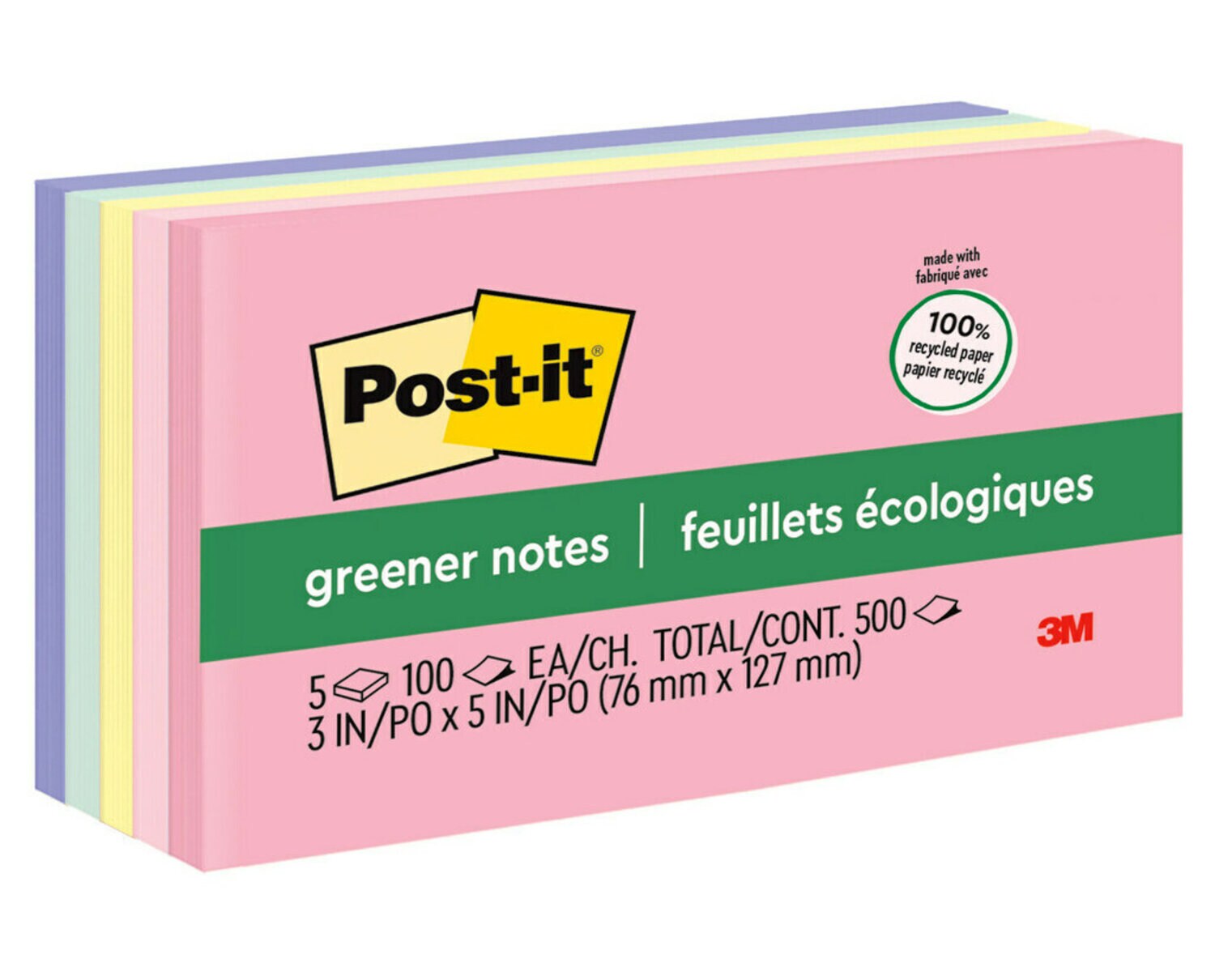 7100243773 - Post-it Greener Notes 655-RP-A, 3 in x 5 in (76 mm x 127 mm) Helsinki Colors