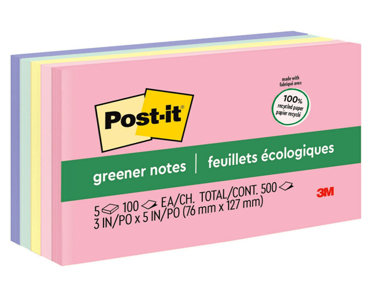 7100243773 - Post-it Greener Notes 655-RP-A, Hensinki Colors, 3 in x 5 in (76 mm x 127 mm), 100% PEFC, SGSCH-PEFC-COC-110078