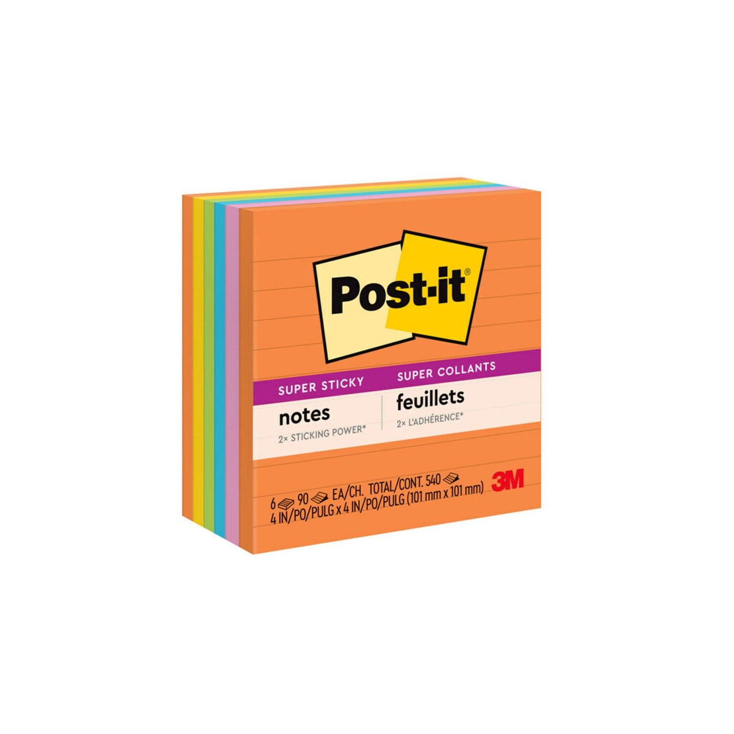 7010372294 - Post-it Super Sticky Lined Notes 675-6SSUC, 4 in x 4 in (101 mm x 101 mm), Neon Fizz, 90 sheet, 100% PEFC, SGSCH-PEFC-COC-110078
