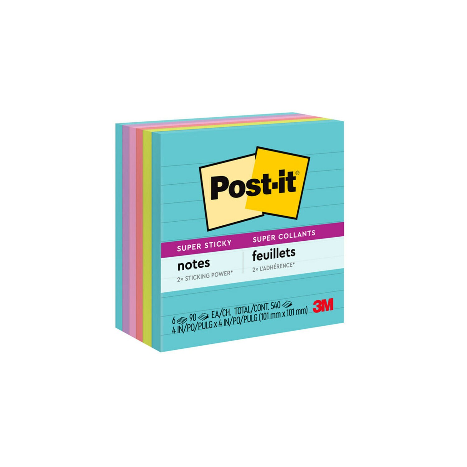 7100088534 - Post-it Super Sticky Notes 675-6SSMIA, Supernova, Lined, 4 in x 4 in, 6 Pads/Pk, 90 Sheets/Pad, 100% PEFC, SGSCH-PEFC-COC-110078