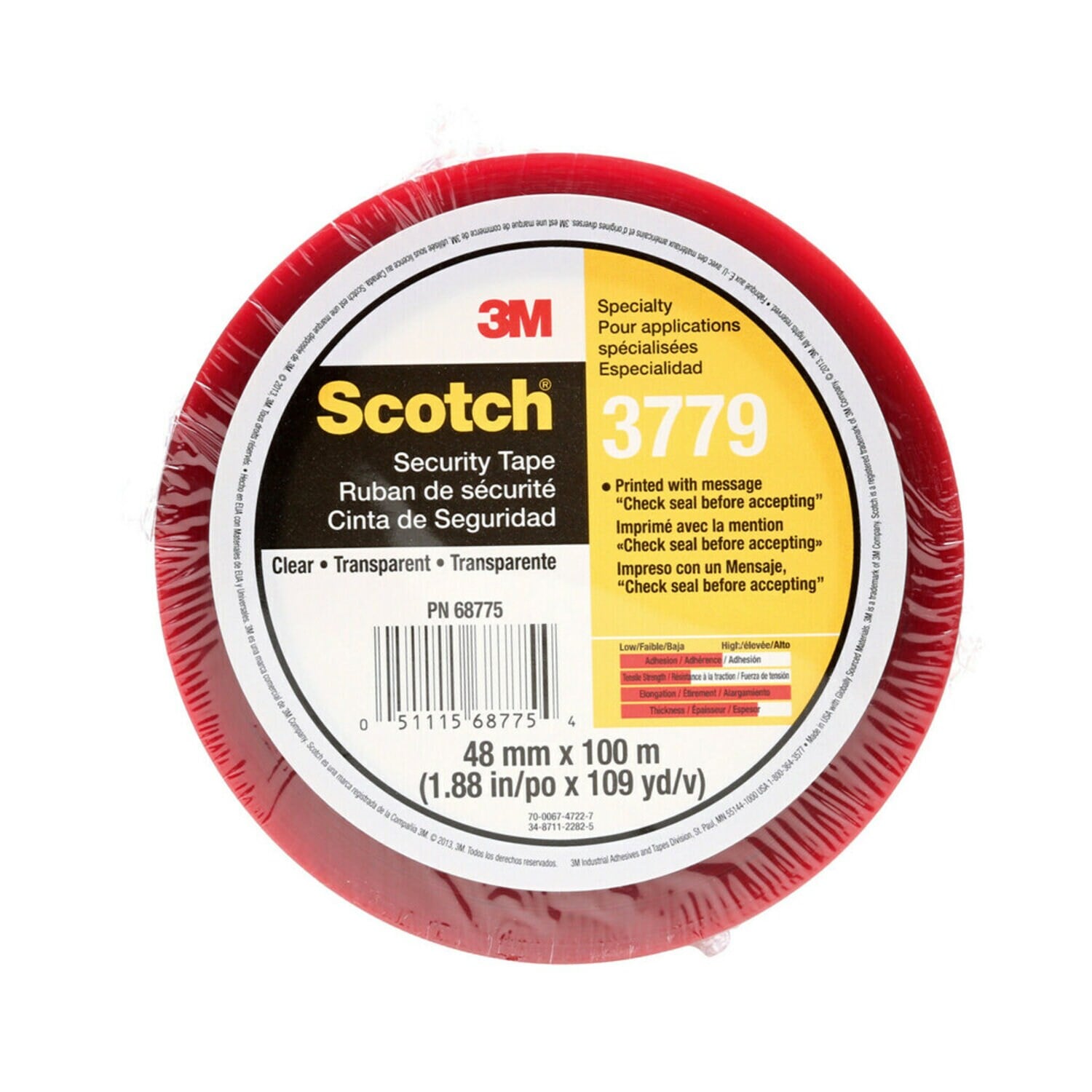 7010374964 - Scotch Security Message Box Sealing Tape 3779, Clear, 48 mm x 100 m, 36/Case, Individually Wrapped Conveniently Packaged