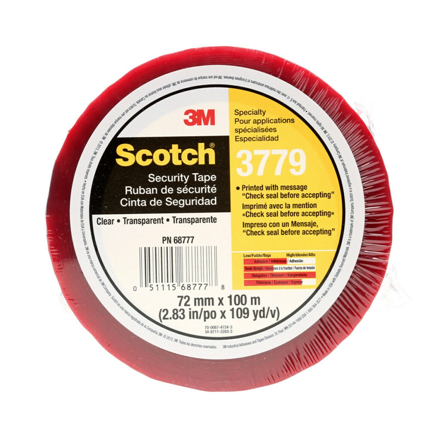 7010335124 - Scotch Security Message Box Sealing Tape 3779, Clear, 72 mm x 100 m,
24/Case, Individually Wrapped Conveniently Packaged