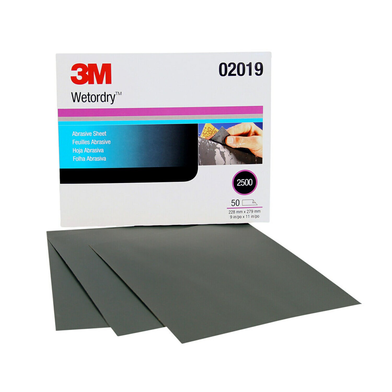 7100003693 - 3M Wetrodry Abrasive Sheet, 02019, 2500, 9 in x 11 in, 50 sheets per carton, 5 cartons per case