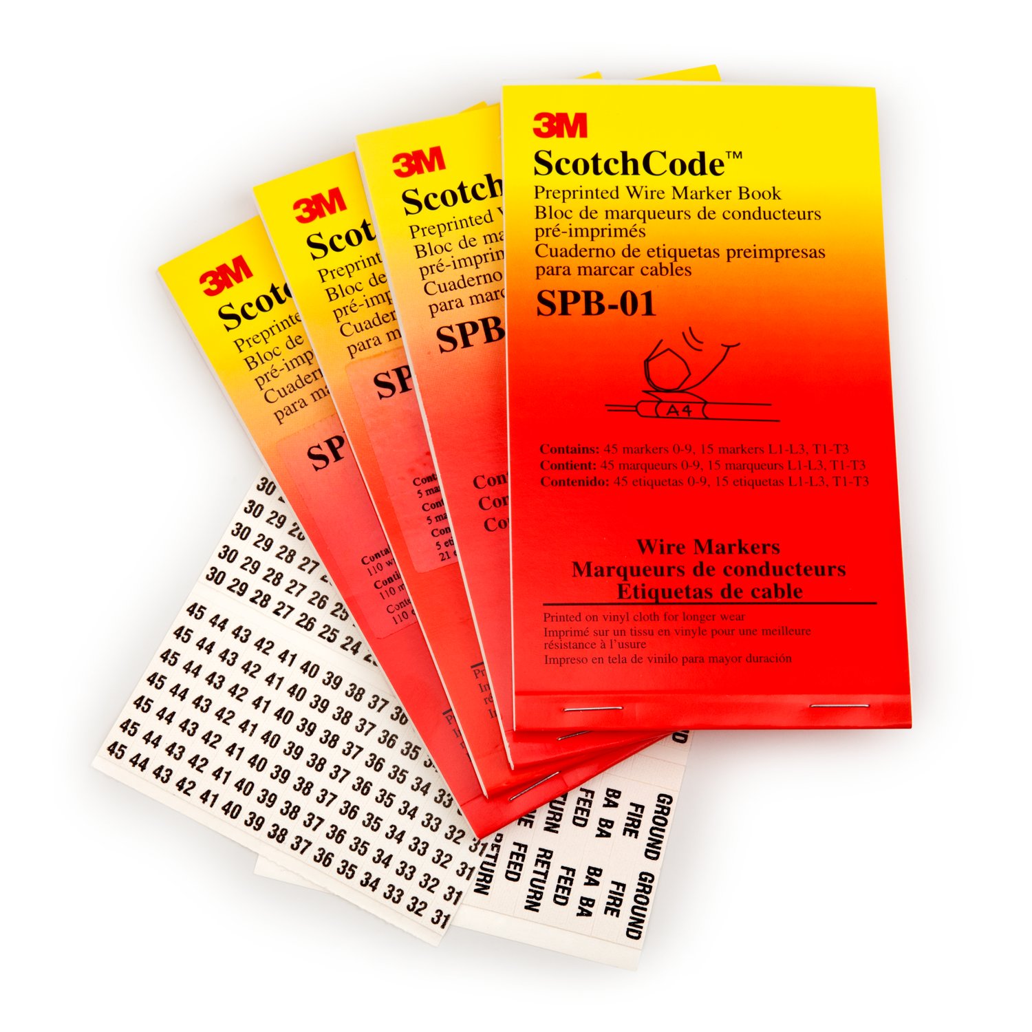 7000132483 - 3M ScotchCode Pre-Printed Wire Marker Book SPB-09, black print on a white background highlights the characters, 5/Bag
