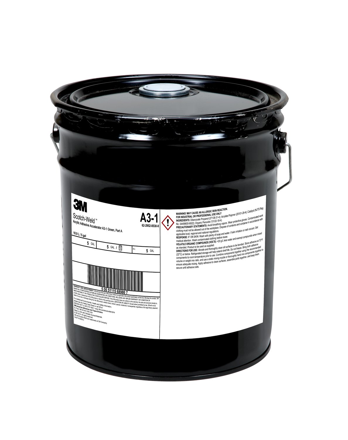 7100010882 - 3M Scotch-Weld Acrylic Adhesive Accelerator A3-1, Green, Part A, 5
Gallon (Pail), Drum