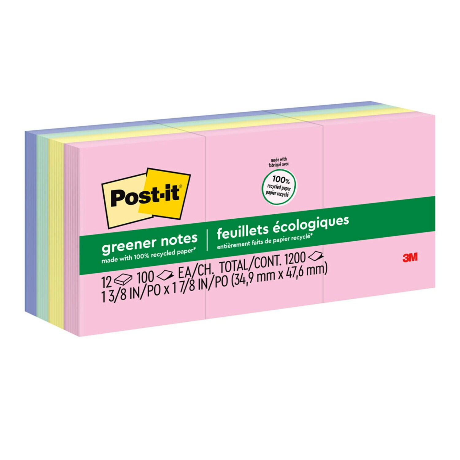 7100230104 - Post-it Greener Notes 653-RP-A, 1 3/8 in x 1 7/8 in (34.9 mm x 47.6 mm), Helsinki colors