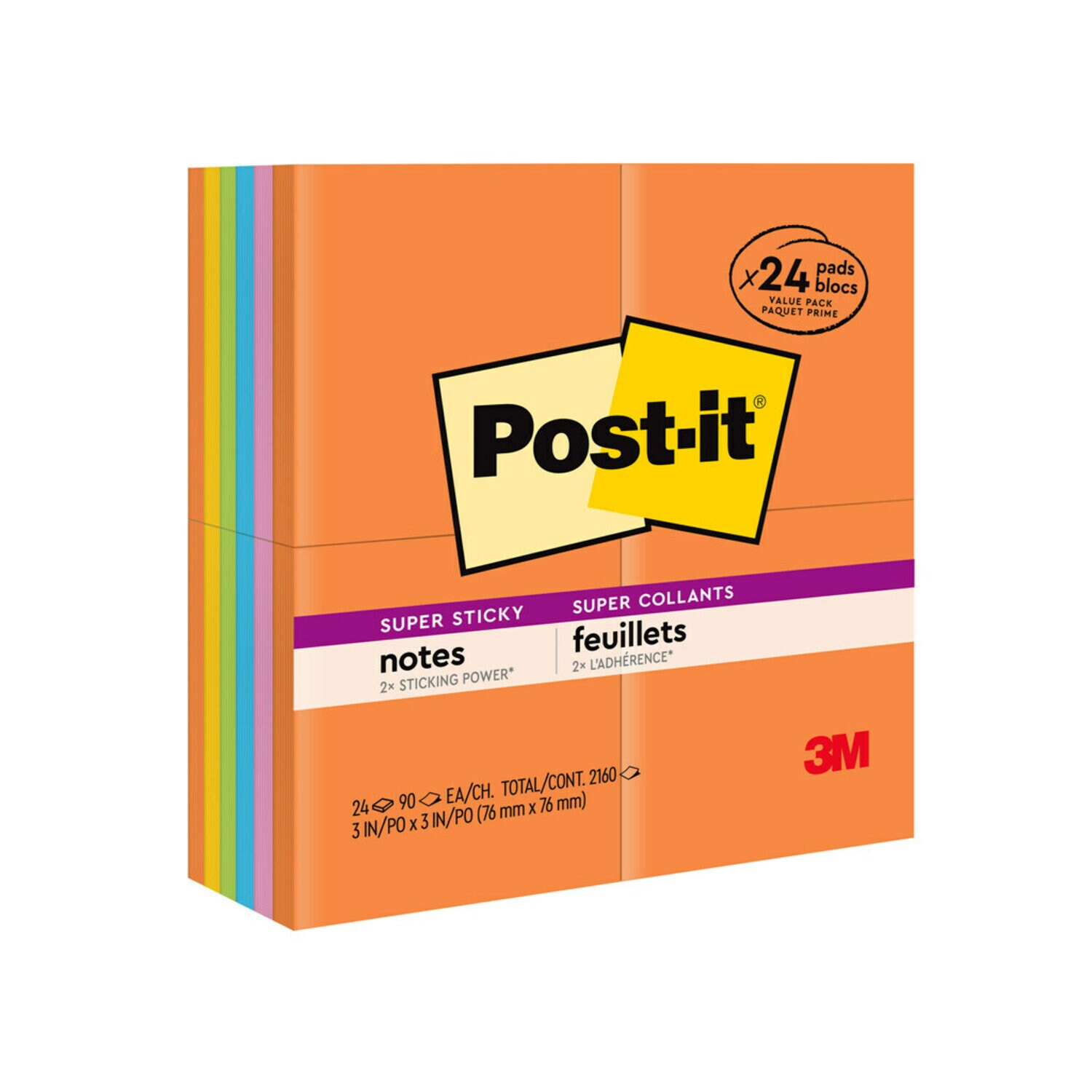 7100237015 - Post-it Super Sticky Notes 654-24SSAU, 3 in x 3 in (76 mm x 76 mm), Energy Boost Collection