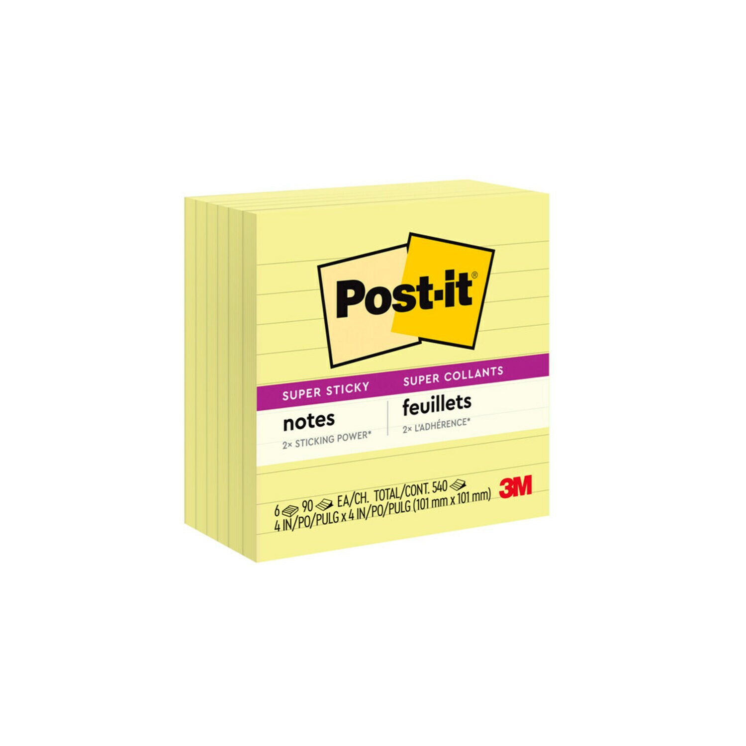 7010311136 - Post-it Super Sticky Notes 675-6SSCYm Yellow, Lined, 4 in x 4 in, 6 pk, 90sh/pd, 100% PEFC, SGSCH-PEFC-COC-110078