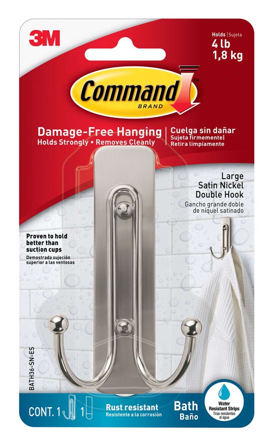 7100354142 - Command Large Double Bath Hook, Satin Nickel, BATH36-SN-ES