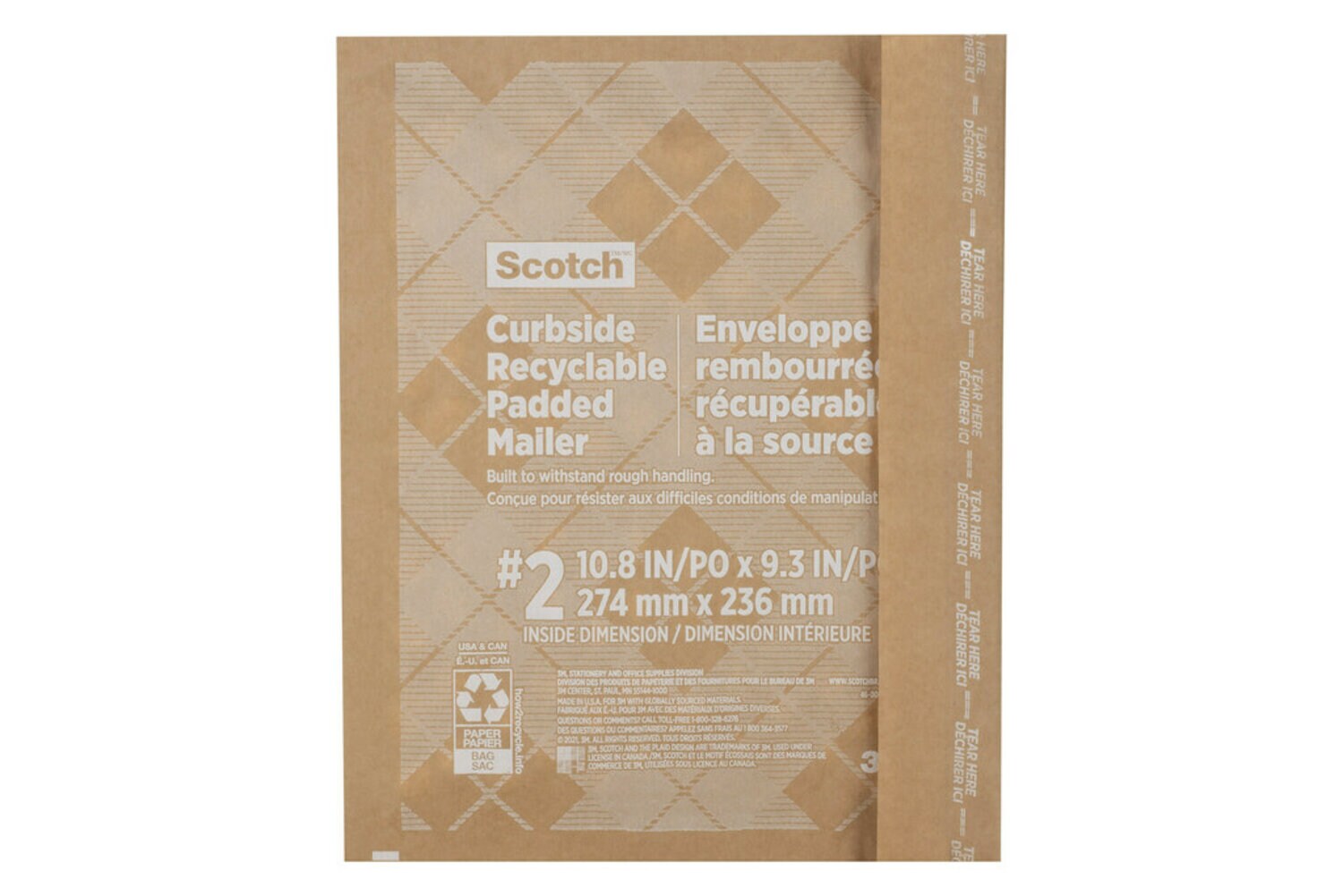 7100258635 - Scotch Curbside Recyclable Padded Mailer CR-2-1, 10.5 in x 9 in (266 mm x 228 mm), Size 2
